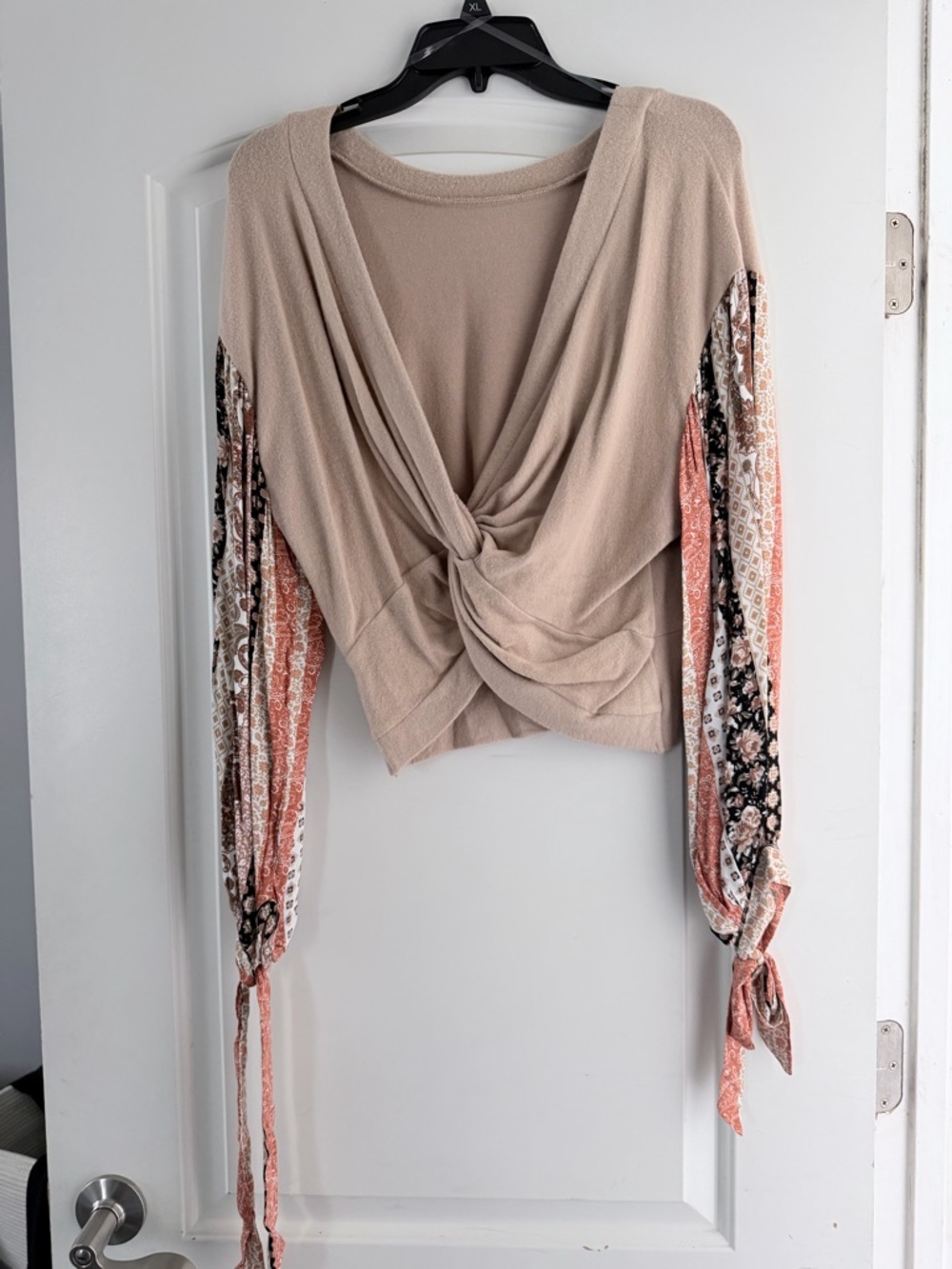ILLA ILLA Beige Twist-Front Blouse with Patterned Peach and Black Sleeves